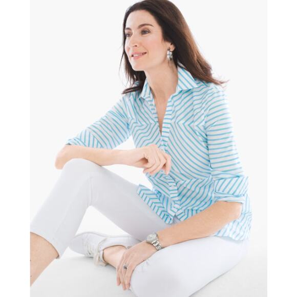 Chico's Shirt 1 M No Iron Box Striped Long Sleeve Button‎ Down Cotton Blue White - Picture 1 of 15